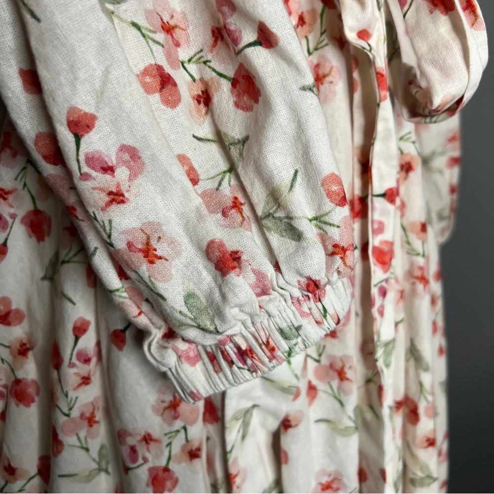 Linen Vibes Floral Tie-Waist Maxi Dress in Cream and Coral Lace Hem Size XS - Picture 7 of 13